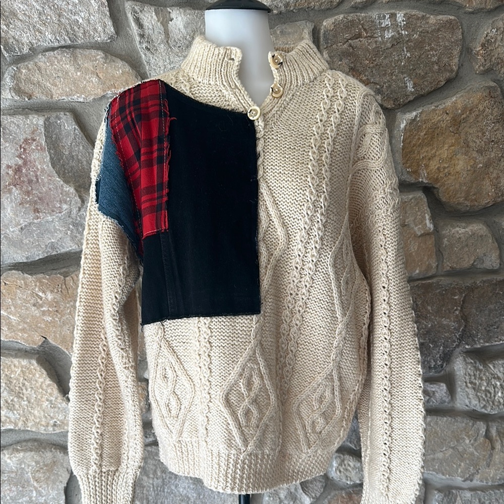 Thick Cable Knit Sweater With Patchwork Design - image 1